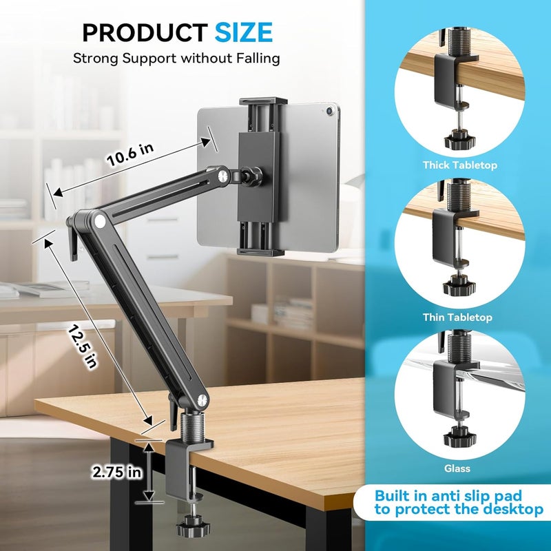 Jakeko Adjustable Tablet Mount for Desk - 360 Degree Rotating Base Tall Arm Holder Stand Swivel Flexible Clamp Soporte para Tablet/Portable Monitor/Ebook - Image 3